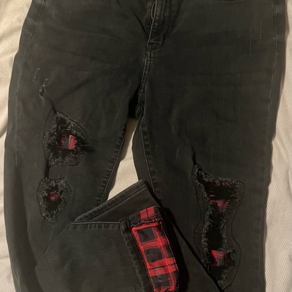 Black Distressed Jeans with Red Plaid Accents by Judy Blue